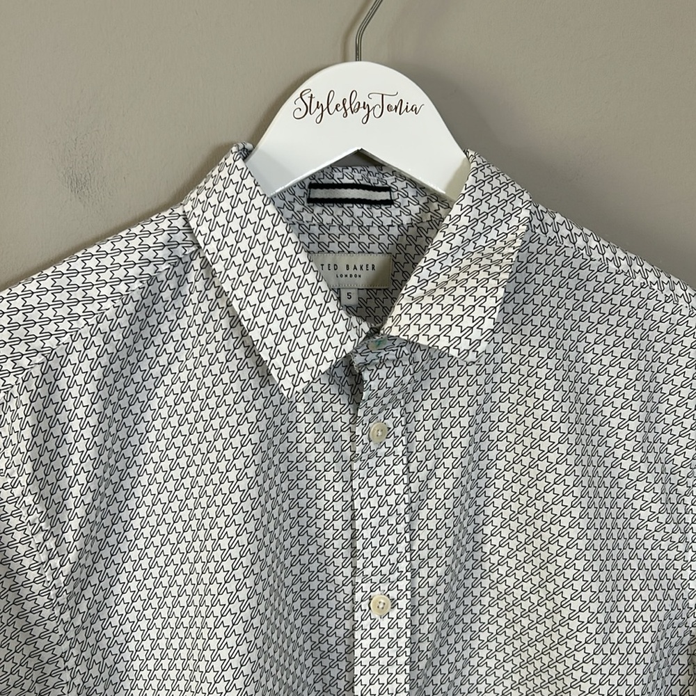 Ted Baker MMA Burstal Shirt Houndstooth Button Up Cotton White Black Sz 5 US XL